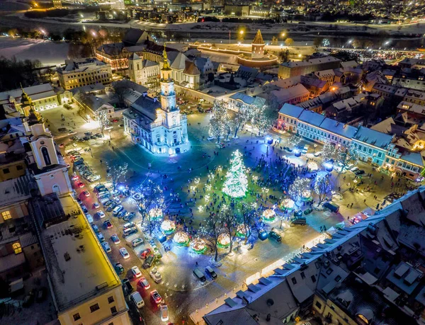 Aerial photo of Kaunas Old Town with a Christmas market and a Christmas tree — стокове фото