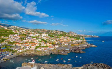 Aerial drone view of Camara de Lobos village panorama near to Funchal, Madeira
