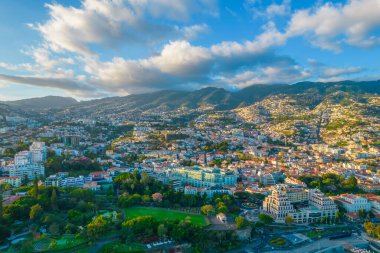 Aerial view of Funchal city center panorama in Madeira island in the evening
