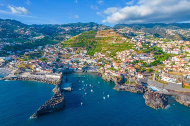 Aerial drone view of Camara de Lobos village panorama near to Funchal, Madeira