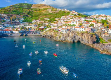Aerial drone view of Camara de Lobos village panorama near to Funchal, Madeira