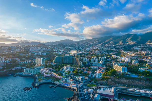 Aerial view of Funchal city center panorama in Madeira island in the evening — Stockfoto