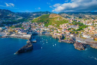Aerial drone view of Camara de Lobos village panorama near to Funchal, Madeira