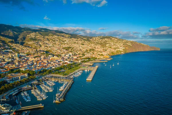 Aerial view of Funchal city center panorama in Madeira island in the evening — Stockfoto