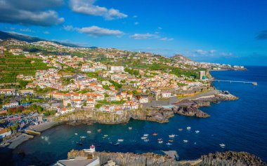 Aerial drone view of Camara de Lobos village panorama near to Funchal, Madeira
