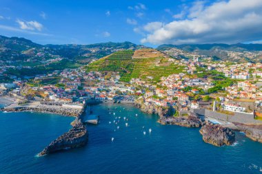 Aerial drone view of Camara de Lobos village panorama near to Funchal, Madeira