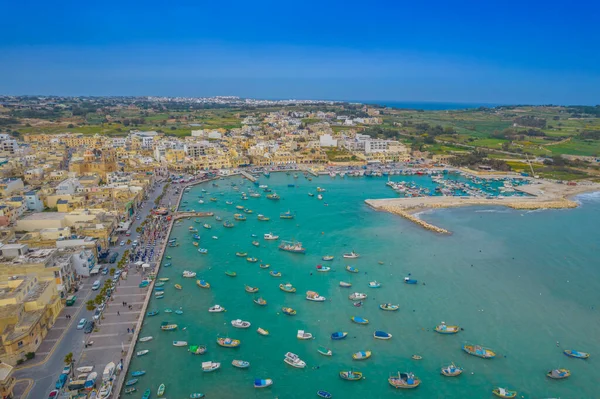 Aerial view Marsaxlokk, traditional fishing village in the South of Malta — Stock Photo, Image