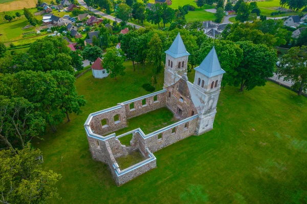 Bartninkai St. Apostles Peter and Paul Church ruins. Marijampole district, Lithuania. Aerial photo