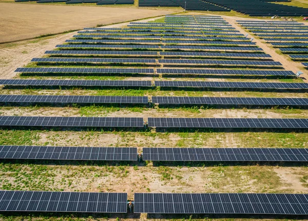 Güneş panelleri hava görüntüsünü parkeder. Fotovoltaik, alternatif elektrik kaynağı - sürdürülebilir kaynaklar kavramı, yeşil, yenilenebilir elektrik