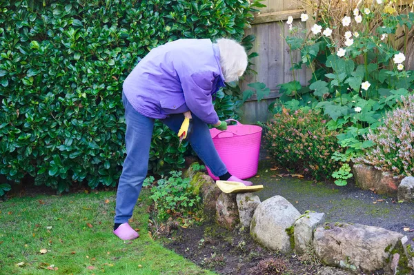 Senior äldre person aktiv livsstil i trädgården under sommaren — Stockfoto