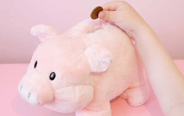 Piggy Bank Savings Childs Hand Coins Kids Money Trust Fund — Zdjęcie stockowe