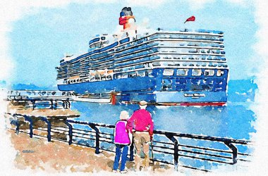 Greenock, İskoçya, İngiltere, 5 Eylül 2021, Kraliçe Elizabeth Hamilton yolcu gemisi turistlerle birlikte Greenock, İskoçya 'da durdu.