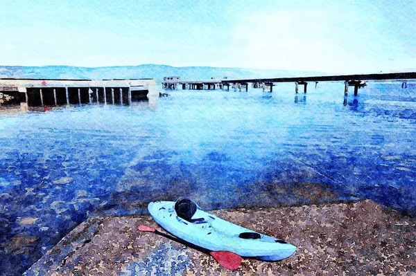 Blue Kayak Moored Bay Ready Adventure — Stock Photo, Image