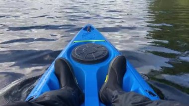 Blue kayak and wetsuit shoes on Loch Lomond UK