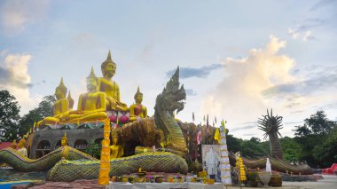Stucco, Wat Tham Nam Tad Tad Suwan Kanlaya Dham Tapınağı 'ndaki dağlarda Buda, Naga ve ejderha olarak resmedilmiştir. Görüntü tahıl, gürültü, bulanık ve yumuşak odaklı.