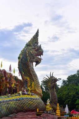 Stucco, Wat Tham Nam Tad Suwan Kanlaya Dham Tapınağı, Thap Kung, Nong Saeng Bölgesi, Udon Thani Bölgesi, Tayland 'daki dağlarda bir naga ve ejderha olarak resmedildi. Görüntü tahıl, gürültü, bulanık ve yumuşak odaklı.