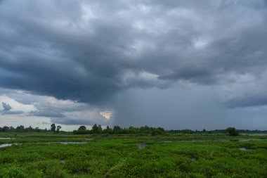 Güzel gökyüzü. Cumulonimbus bulutu ve sirrus bulutu. Görüntü tahıl, gürültü, bulanık ve yumuşak odaklı.