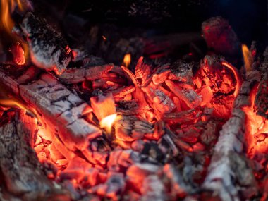 Details of charcoal in the furnace. Burning firewood in the grill.