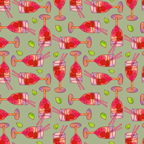 Płynny wzór z koktajlami na zielonym tle. Koktajl z jagód. — Zdjęcie stockowe