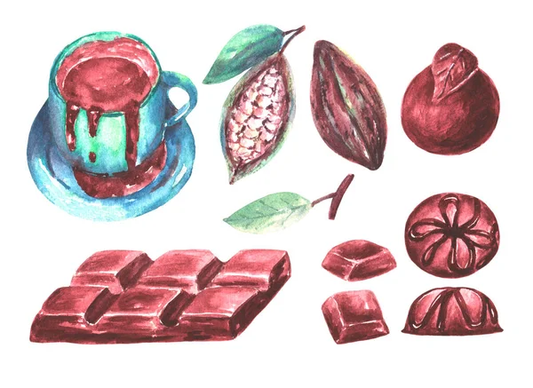 Aquarellkollektion von Schokolade, Süßigkeiten, Pralinen, Kakaobohnen. — Stockfoto