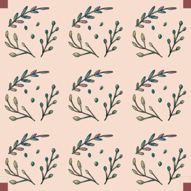 Bej bir arka planda dalları ve yaprakları olan kusursuz bir desen..