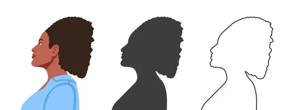 Visage Femme Sur Côté Silhouettes Personnes Dans Trois Styles Différents — Image vectorielle