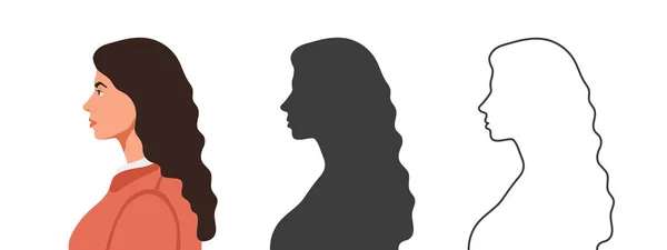 Cara Chica Por Lado Siluetas Personas Tres Estilos Diferentes Perfil — Vector de stock