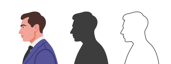 Man Face Side Silhouettes People Three Different Styles Profile Face — Stock Vector