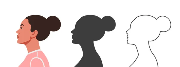 Heads Profile Woman Face Side Silhouettes People Three Different Styles — Stock Vector