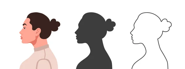 Profile Head Woman Face Side Silhouettes People Three Different Styles — Stock Vector