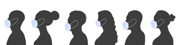 医療用のマスクをしてる 平らなスタイルの人々のプロフィール ベクターイラスト — ストックベクタ
