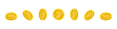 Dolar Sikkeleri. Canlandırma için farklı açılarda simgelerin döndürülmesi. Vektör illüstrasyonu