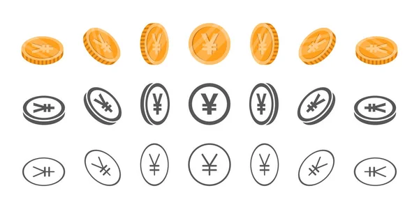 Monedas Yen Yuan Rotación Iconos Diferentes Ángulos Para Animación Monedas — Archivo Imágenes Vectoriales