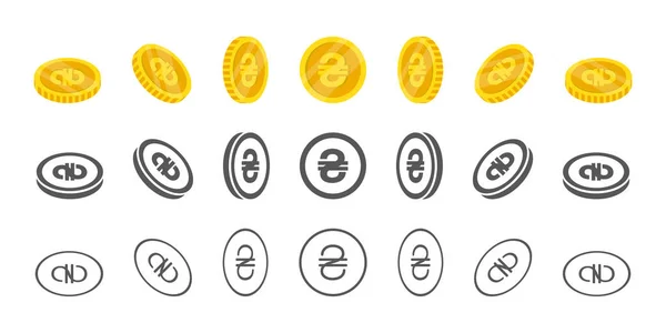 Ukrayna Hryvnia sikkeleri. Canlandırma için farklı açılarda simgelerin döndürülmesi. İzometrik sikkeler. Vektör illüstrasyonu