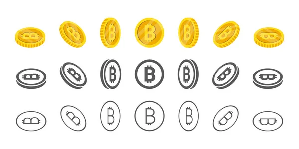 Bitcoiny Obracanie Ikon Pod Różnymi Kątami Animacji Monety Izometryczne Ilustracja — Wektor stockowy