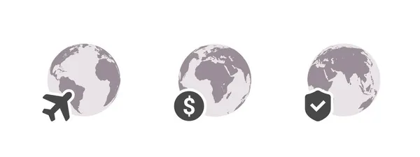 Aardebollen Met Dollariconen Wereldkaart Wereldvorm Aarde Bol Icoon Ingesteld Vectorillustratie — Stockvector