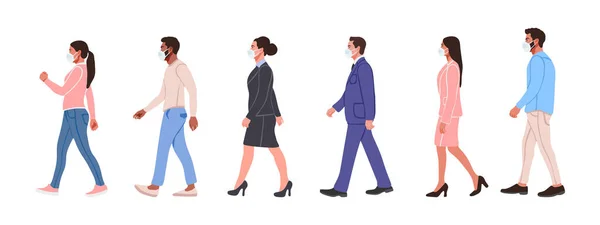 Gente Gente Caminando Con Máscaras Médicas Personas Dibujadas Estilo Plano — Vector de stock