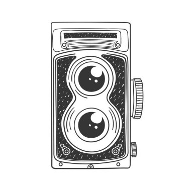 Retro SLR kamera. Retro el yapımı kamera. Çizim tarzında illüstrasyon. Vektör resmi