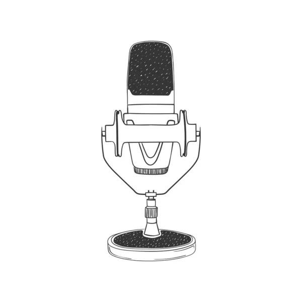Mikrofon Podcast Retro Ručně Kreslený Mikrofon Ilustrace Stylu Náčrtku Vektorový — Stockový vektor