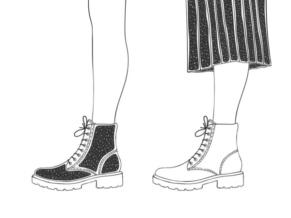 靴の女性の足 女性用の靴 手描きのスタイルの女性のブーツ ベクトル画像 — ストックベクタ