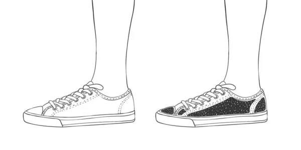 モカシンの脚のフード ファッションシューズ 手描きのスタイルの靴 ベクトル画像 — ストックベクタ