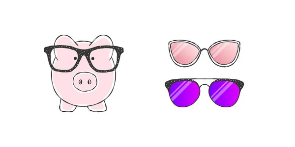 Świnka Okularach Ręcznie Narysowana Mała Świnka Luksusowych Okularach Ilustracja Wektora — Wektor stockowy