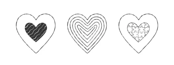 Cute Hearts Icons Black Hearts Texture Hand Drawn Hearts Vector — Stock Vector