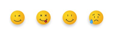 Gülümseme simgeleri hazır. Çizgi film emoji seti. Farklı duygularla gülen yüzler. Vektör illüstrasyonu