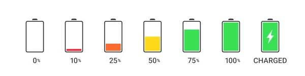 Batterij Iconen Batterijoplaadpictogrammen Batterijladingsniveaus Met Percentages Vectorillustratie — Stockvector