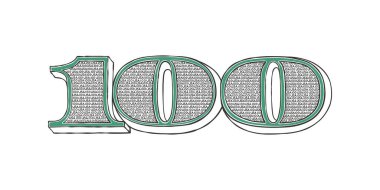Dolar işareti. Yüz dolarlık banknotun işareti. Boyalı numara 100. Vektör illüstrasyonu