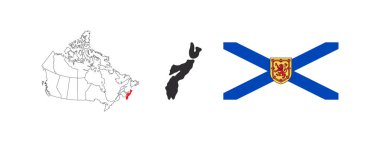 Nova Scotia 'nın haritası. Nova Scotia bayrağı. Kanada 'nın vilayetleri ve bölgeleri. Vektör illüstrasyonu
