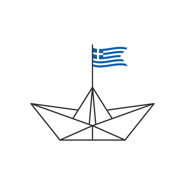 Papírová Ikona Loď Vlajkou Řecka Vektorová Ilustrace — Stockový vektor
