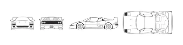 Sport Automobile Hand Drawn Car Front Back Top Side View — ストックベクタ
