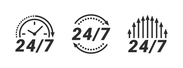 24 saat yardım simgeleri. Haftanın 7 günü 24 saat destek ikonları. Sembol 24 saat açık. Vektör resimleri